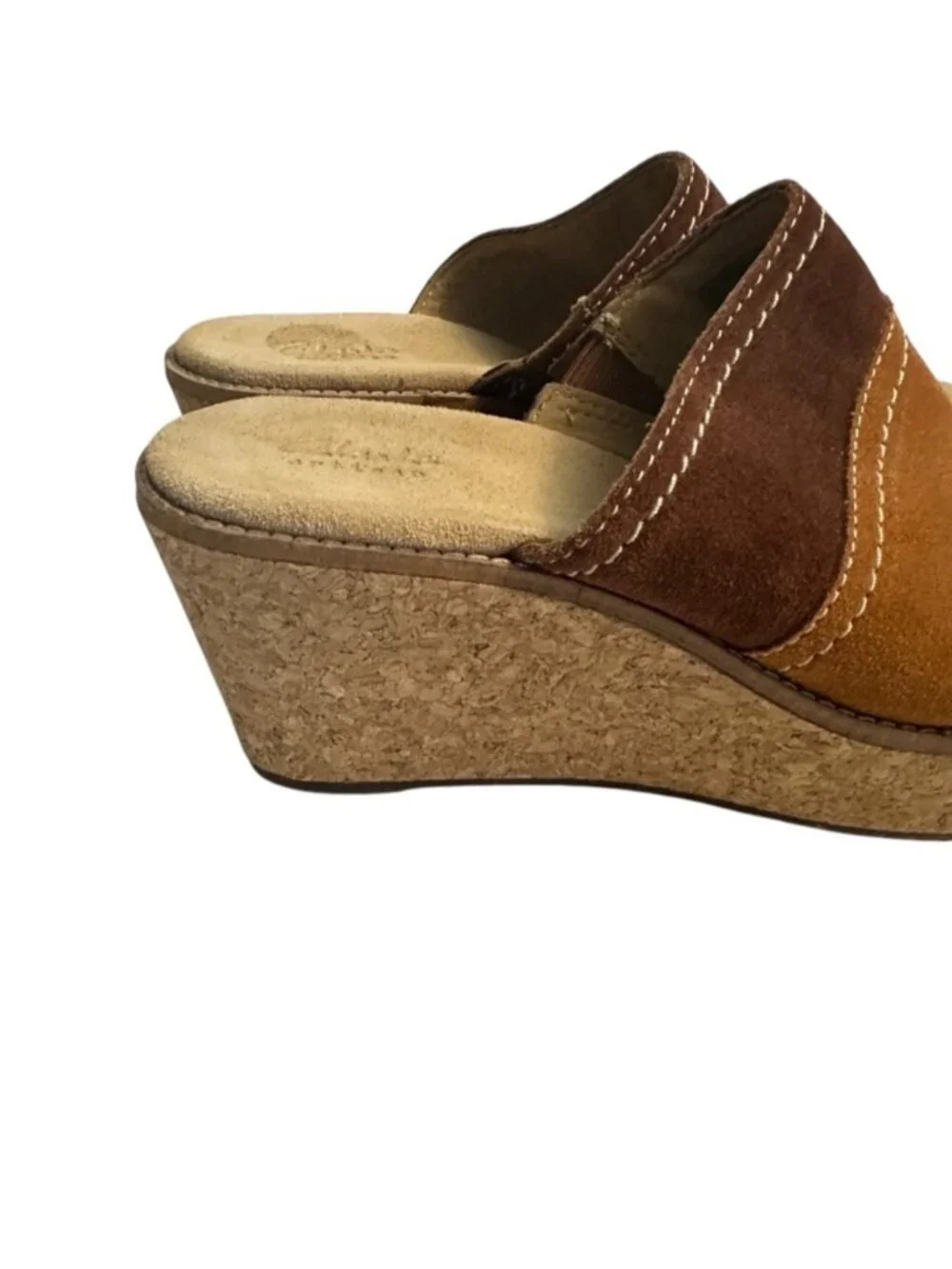 Clarks Aisley Lily Colorblock Suede Cork Wedge Slide Sandals Size 8